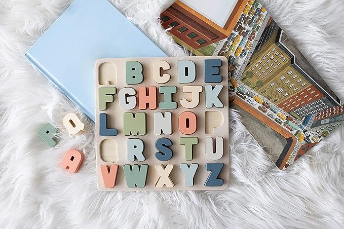 Pearhead Wooden Alphabet Puzzle, ABC Learning Toy for Toddlers, Montessori Educational Play, Spring Easter Basket Gift