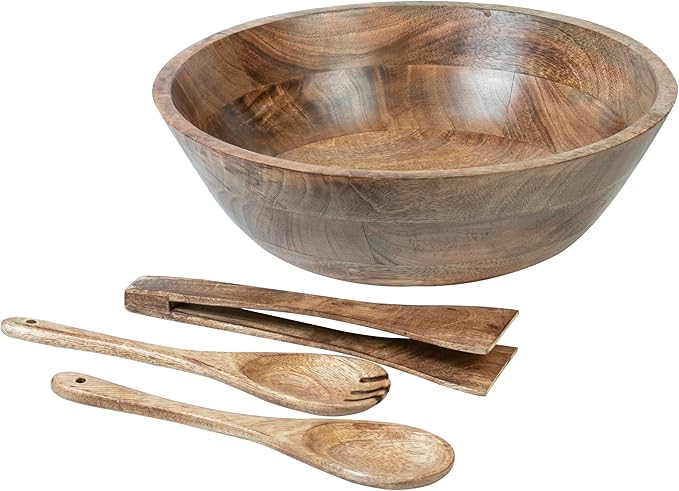 Crocon Wooden Salad Bowls Set, Round Serving Bowl for Fruits or Salads, Cereal, Corn Flake, Large Wood Serving Bowl, 12" Big Salad Bowl With Serving Utensils