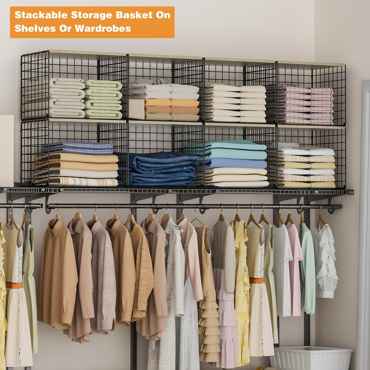 Extra-Long Closet Organizers and Storage with Top Board, 3 Pack Stackable Closet Shelf Organizer, Double Storage Design Clothes Storage Cube/Bin Organizer for Wardrobe,Space-Saving, Black,Sturdy,Metal