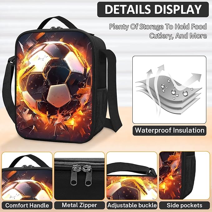 School Backpack for Boys - 4pcs Soccer Boys Backpack with Lunch Box and Pencil Case for Kids Children Teens Elementary Middle School - Students Bag for Ages 6-18,17″Bookbag Travel Back Pack