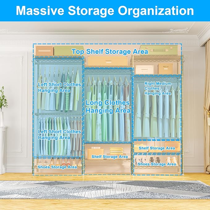 Ulif E13 Heavy Duty Clothes Rack（With 4 Hanger Rods & 8 Shelves） Freestanding Clothing Racks for Hanging Clothes，Adjustable Closet Organizer，Metal Garment Rack 63" W x16 D x77 H，Max Load 900LBS，Gold