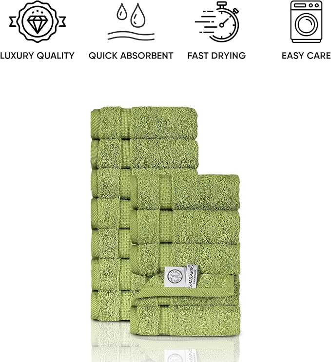 SALBAKOS 100% Turkish Cotton Washcloth Set of 12 13x13 inch | Heirloom Quality | Hotel & Spa Collection | Ultra Soft, Super Absorbent, Washcloth Towels | Made in Turkey (Green, 12 Washcloths)