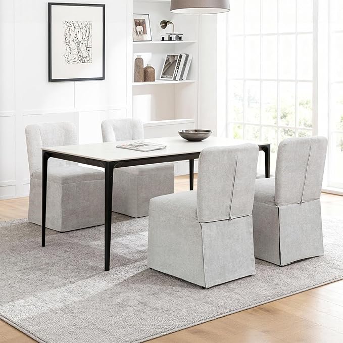 Kitchen Table Chairs Set of 6, Linen Upholstered Dining Chairs with Metal Frame, Modern Dining Room Chairs for Kitchen, Grey