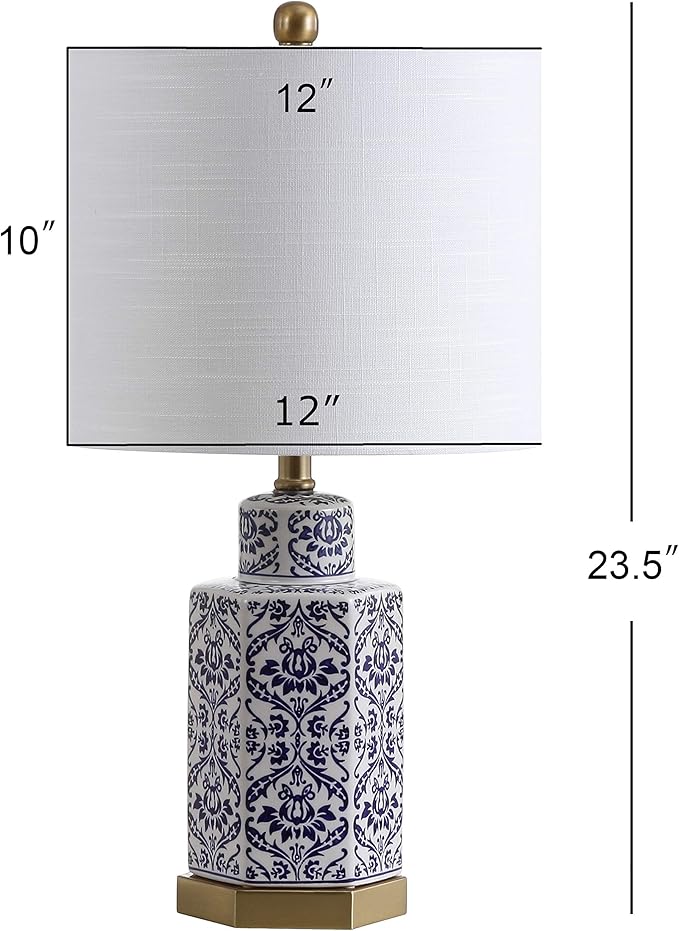 JONATHAN Y 23.5" Blue/White Traditional Ginger Jar Ceramic LED Table Lamp, Hexagonal Damask Pattern with White Linen Shade and Brass Accents, LED Bulb Included JYL3050A