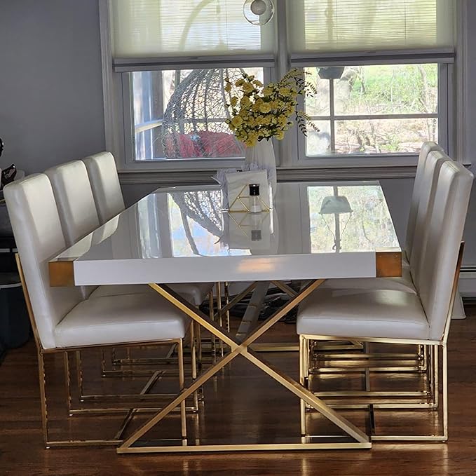 AUZ Dining Chairs Set of 6, White Faux Leather Dining Room Chairs with Gold Stainless Steel Sled Legs