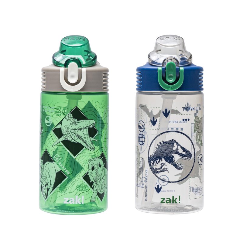 Zak Designs Jurassic World Dominion Movie Sage Kids Water Bottle For School or Travel, 16oz Durable Plastic Water Bottle With Straw, Handle, and Leak-Proof, Pop-Up Spout Cover, 2-Pack Set