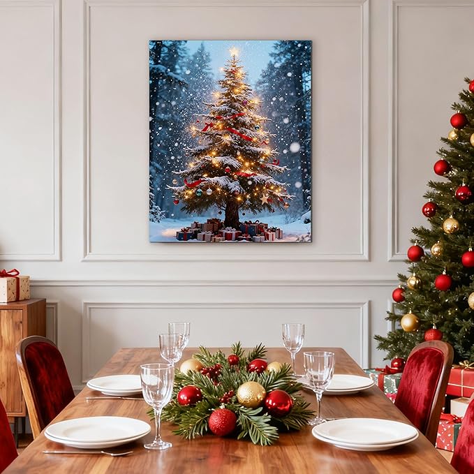 Framed Christmas Pictures Wall Decor,Vintage Pine Tree Prints,Winter Christmas Canvas Wall Art Decoration for Bedroom Bathroom Living Room Rustic Xmas Holiday Gifts (Christmas Tree 16, 20'' X 32'')