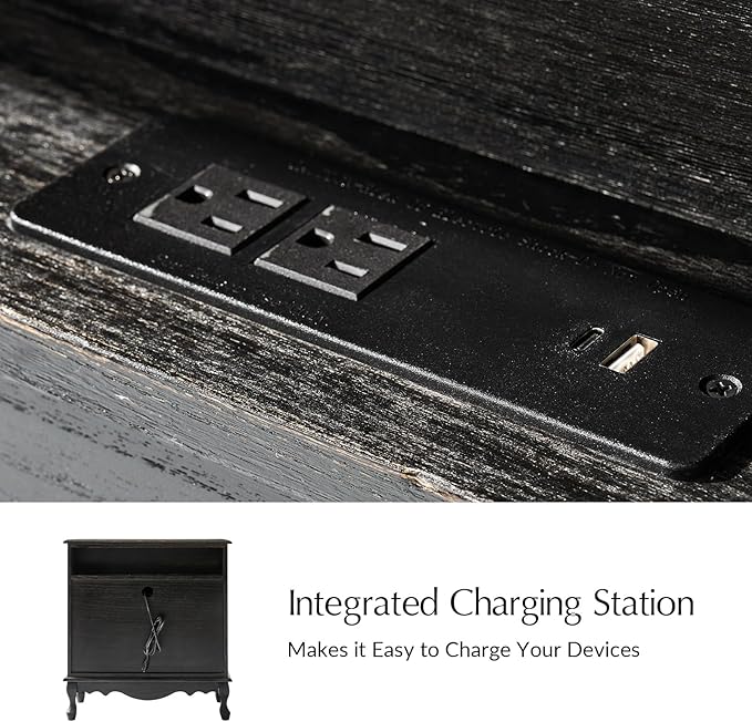 HULALA HOME Transitional Side Table Set of 2 with 3 Drawers and Charging Station, 28" Solid Paulownia Wood Sidetable with Vertical Stripe, Charcoal