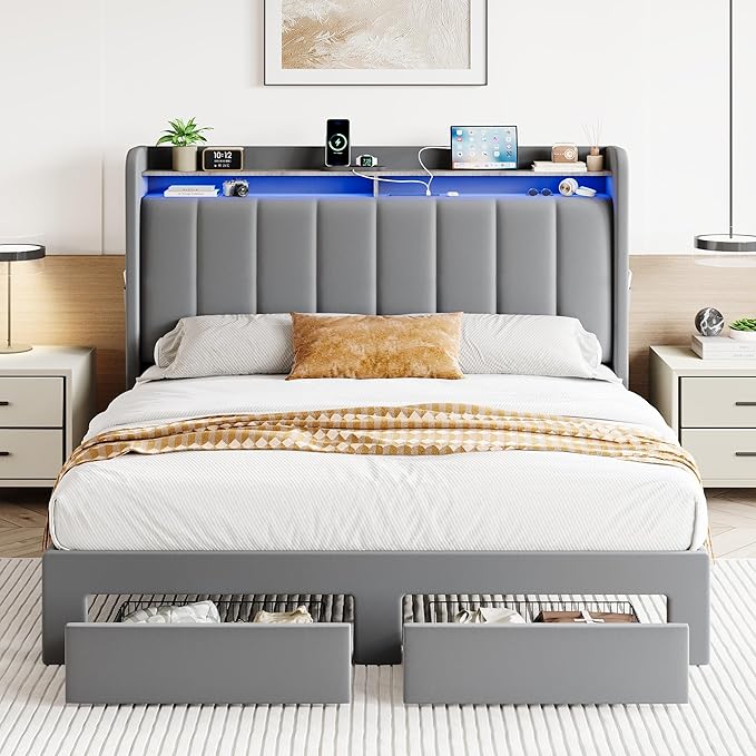 SHA CERLIN Velvet Full Size Bed Frame with Vertical Channel Tufted Wingback Headboard & 2 Storage Drawers/2-Tier Shelves with LED Lights & Charging Station/Noise-Free/No Box Spring Needed/Light Grey