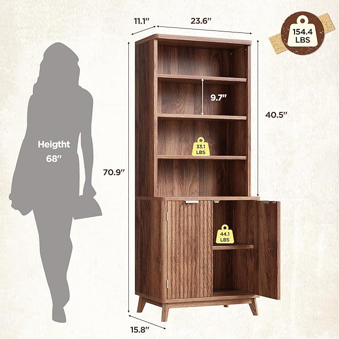 6-Tier Bookshelf, Modern Bookcase with Fluted Doors & Adjustable Shelves, Mid-Century Cabinet, Wooden Book Shelf for Home Office, Living Room, Kitchen, Walnut