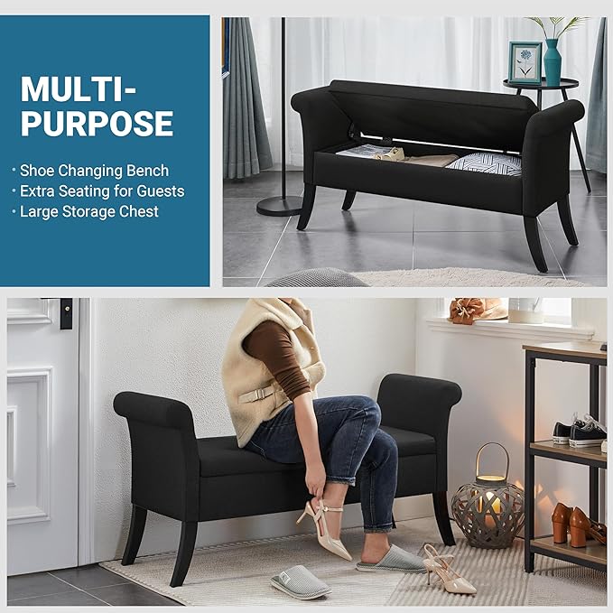 Yaheetech Ottoman with Storage, 52" Storage Ottoman Bench with Safety Hinge, Upholstered Bench with Seating for Bedroom, Living Room, Holds up to 661 lb, Black