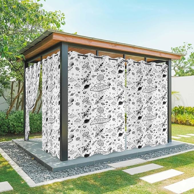 Cartoon Space Outdoor Curtains for Patio Rockets Astronauts Planets Black