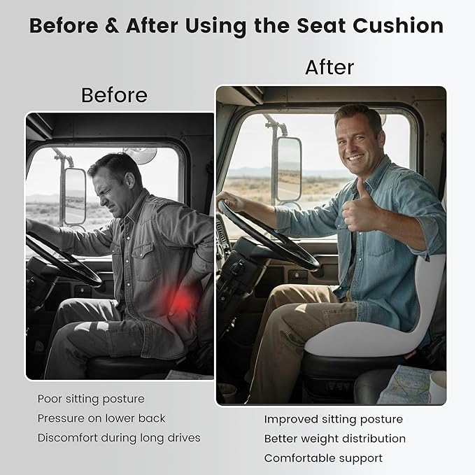Truck Seat Cushion Ergonomic Memory Foam with Lumbar Support – Orthopedic Car Seat Cushion for Truck Drivers, Back Pain Relief, Non-Slip Cushion for Long Driving, Car & Office Chair