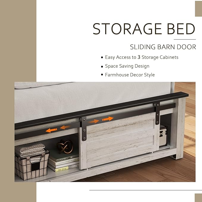 Wooden Bed Frame Full Size with Headboard & Sliding Barn Door Storage Footboard, Farmhouse Platform Bedframe with Charging Station, No Box Spring Needed, Boho White