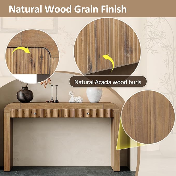 Farmhouse Modern Curved Entryway Console Table 54.3-Inch Sofa Entry Table Fluted Accent Tables with Storage Drawers for Living Room Hallway Furniture, Natural