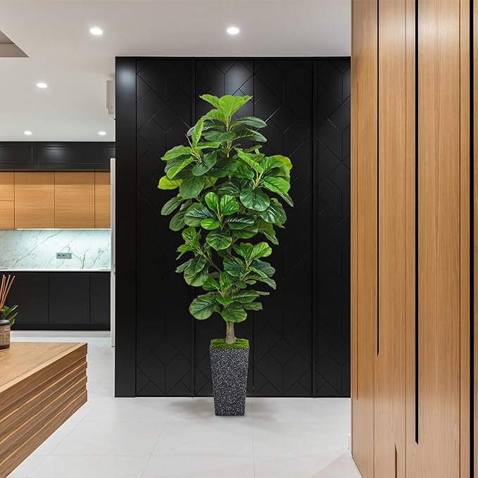 Artificial Fiddle Leaf Fig Tree 6ft, 6 Feet Large Tall Fake Plants Indoor with Modern Style Planter, Artificial Silk Tree for Home Office Living Room Decor Indoor, More Lifelike & Lush (Black)