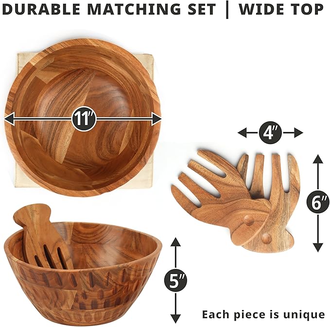 Wooden Salad Bowl set - with Serving Utensils — 11" Large Acacia Wood Bowls For Food, Fruit | Mixing Pasta — Easy To Clean — For Hosting, Kitchen Decor, Gifts — With Placemat