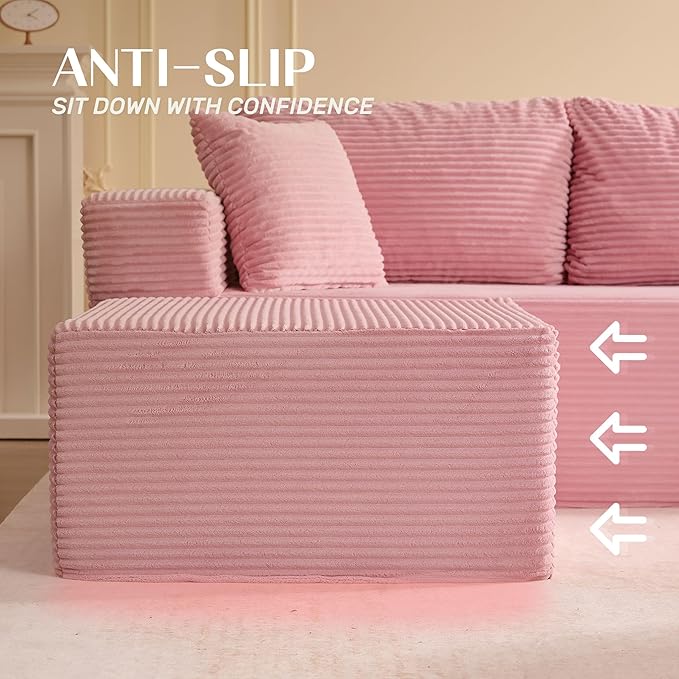 107" Boneless Couch with Deep Seat, Modular Sectional Sofa, Cloud Sectional Couch for Living Room, No Assembly Required, Corduroy, U-Shape 3 Seater Right, Pink