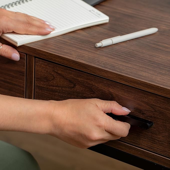 Martha Stewart Ollie Home Office Desk with 3 Drawers in Walnut Wood Grain with Oil Rubbed Bronze Hardware