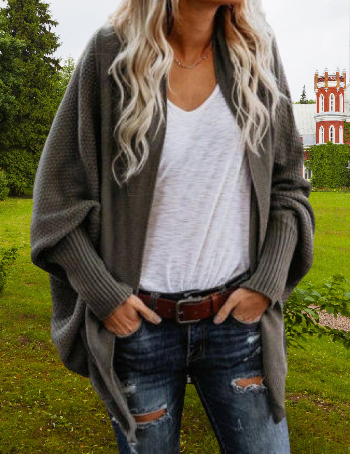 LIZALIG Women's Kimono Batwing Cable Knitted Slouchy Oversized Wrap Cardigan Sweater