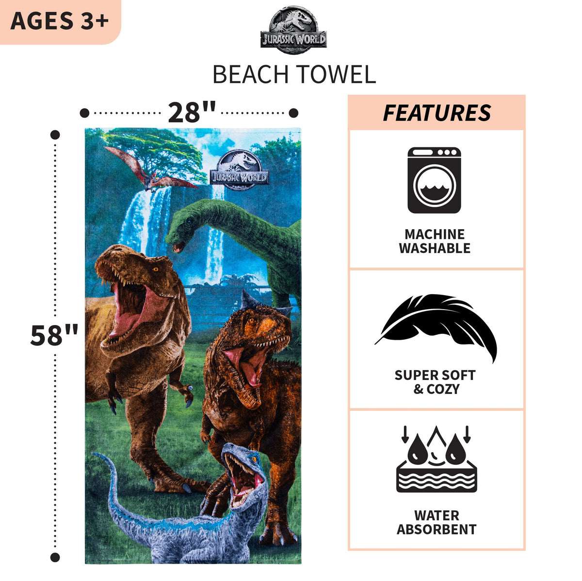 Jurassic World Dominion Blue Velociraptor and Rexy T-Rex Super Soft Cotton Bath/Pool/Beach Towel, 58 Inches x 28 Inches, By Franco Kids