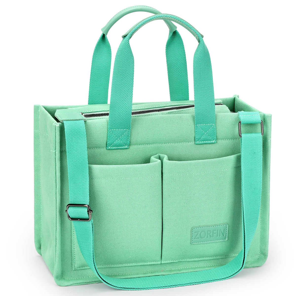 ZORFIN Canvas Tote Bag for Women with Zipper and Compartments Crossbody Work Laptop Bag for Travel College Office, Yellow Green