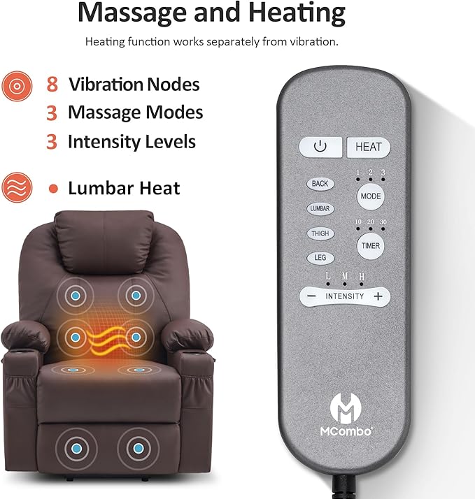 MCombo Large Power Lift Recliner Chair with Massage and Heat for Tall Elderly People, 3 Positions, Cup Holders, and USB Ports, Faux Leather 7516 (Large, Light Brown)