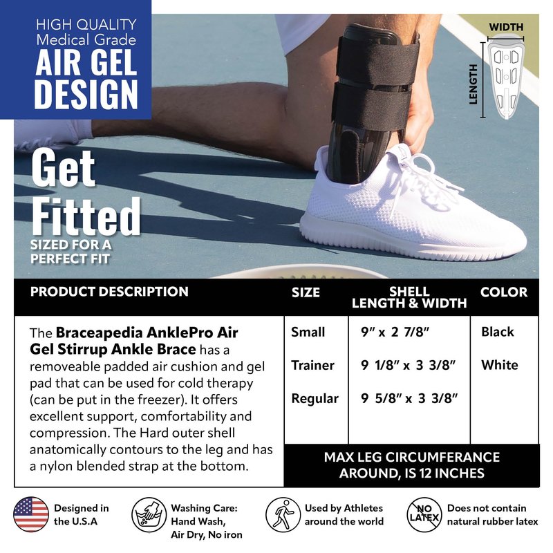 Braceapedia AnklePro Air Cushion Stirrup Ankle Stabilizer Brace - Removable Cold Therapy 3-Strap Rigid Stirrup Ankle Splint w/Gel Pad for Women & Men - Lateral Support for Stability, White, Regular