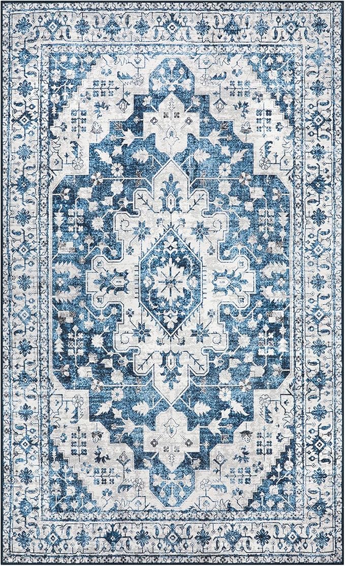 Moynesa Ultra-Thin Washable Area Rug - 3x5 Blue Kitchen Rugs Washable Rugs for Entryway Non Slip Front Door Mat, Non Shedding Low Pile Lightweight Indoor Carpet for Dorm Basement Foyer Living Room