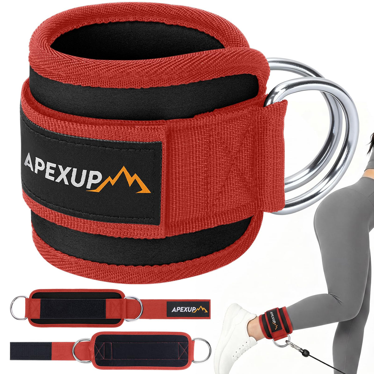 APEXUP Ankle Strap for Cable Machine, Ankle Resistance Bands, Cable Kick Back Straps for Gym, Glute Workouts, Leg Extensions, Adjustable Straps with Neoprene Padding (Single, Black+Red)