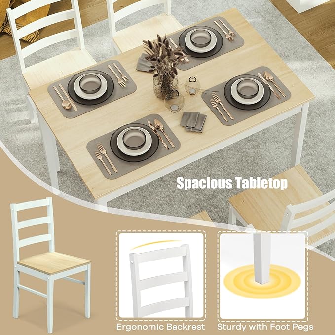 NAFORT Kitchen Table Set for 4, Solid Wood Dining Table and Chairs Set of 4, Farmhouse Dinner Table Set w/Rubber Wood Legs, Mid-Century Modern Dinette Set for Kitchen, Dining Room