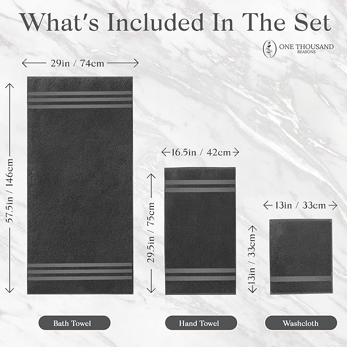 Zero Twist Bathroom Towel Set - Luxury Bath Towel Sets for Bathroom, Hands, and Washcloths - Quick Dry and Absorbent - 6 Pieces, 3 Stripe, Charcoal