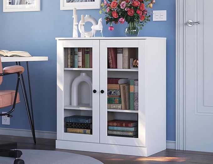 Palace Imports Solid Wood Bookcase - Floor Standing Bookshelf - 32” W - Display Furniture, Renewable 100% Eco-Friendly Wood, Made in Brazil (White, Clear Glass Doors | 3-Shelf Short Bookcase)