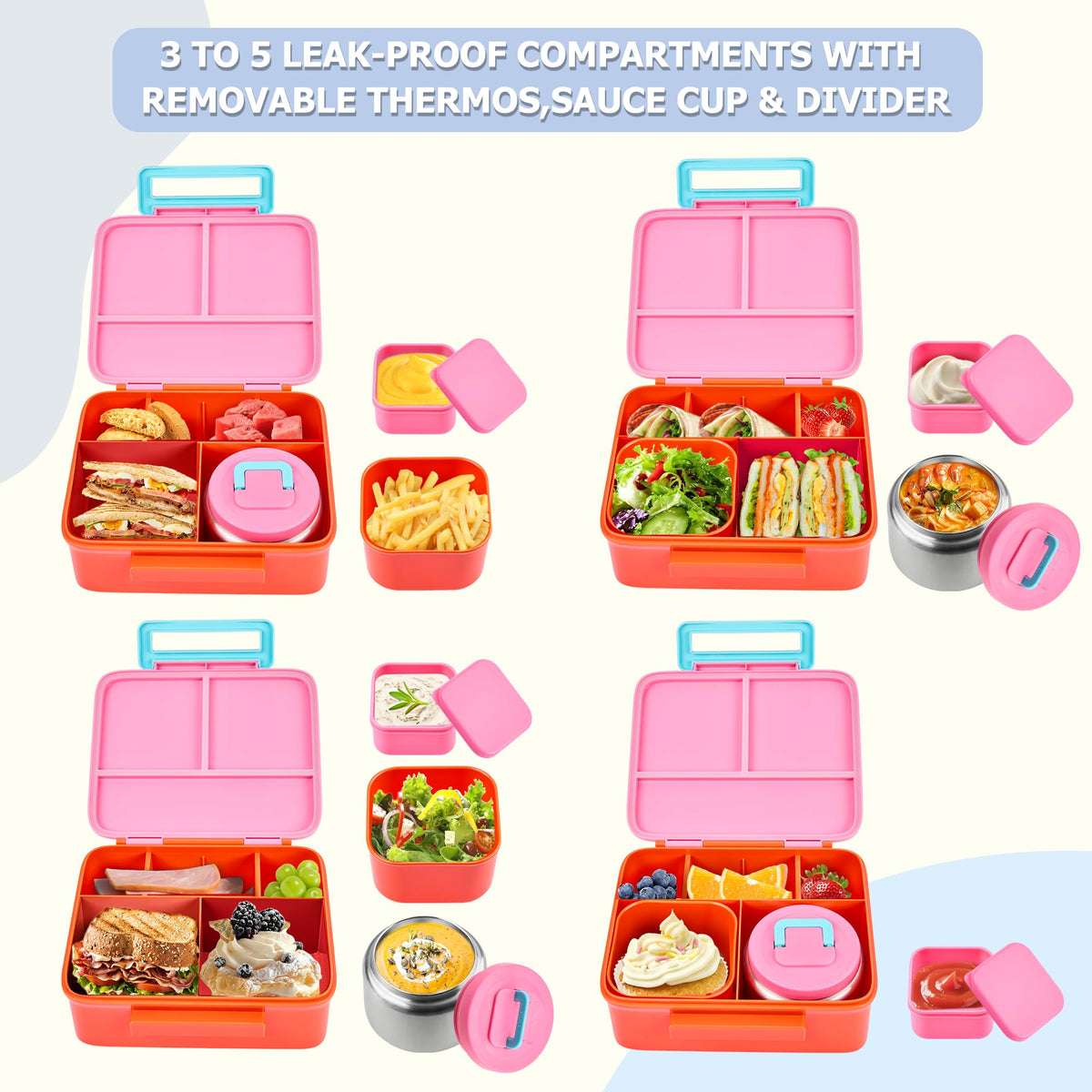 MAISON HUIS Bento Box for Kids with 8oz Soup Thermo, Leak-proof Lunch Food Containers with 5 Compartment, Insulated Lunch Bag & 17oz Stainless Steel Water Bottle for School, Trvael