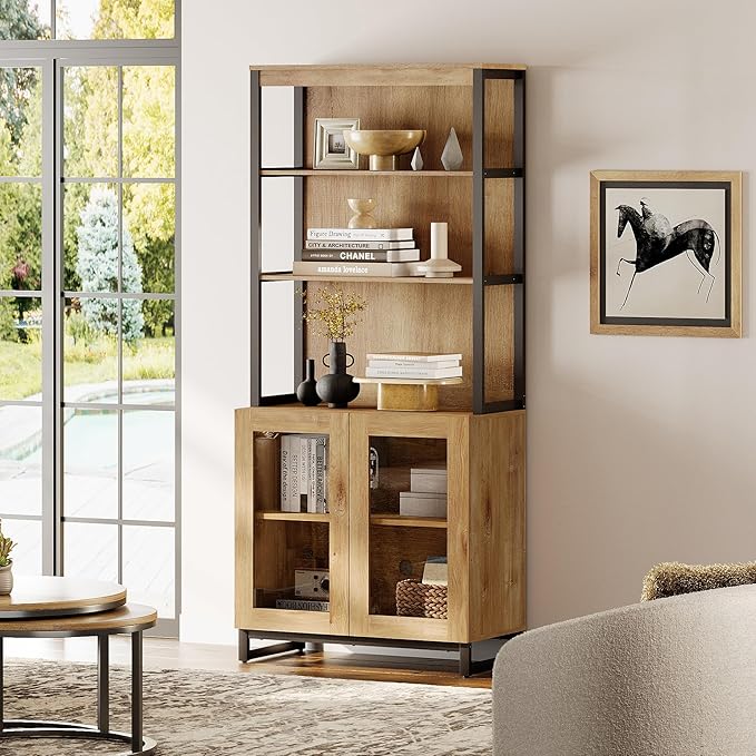 WAMPAT Modern 72" Tall Bookcase with Glass Doors and Adjustable Shelves, Library Book Shelf with Storage Cabinet and Open Book Shelfs, Wood Bookshelf for Home Office, Living Room, Oak