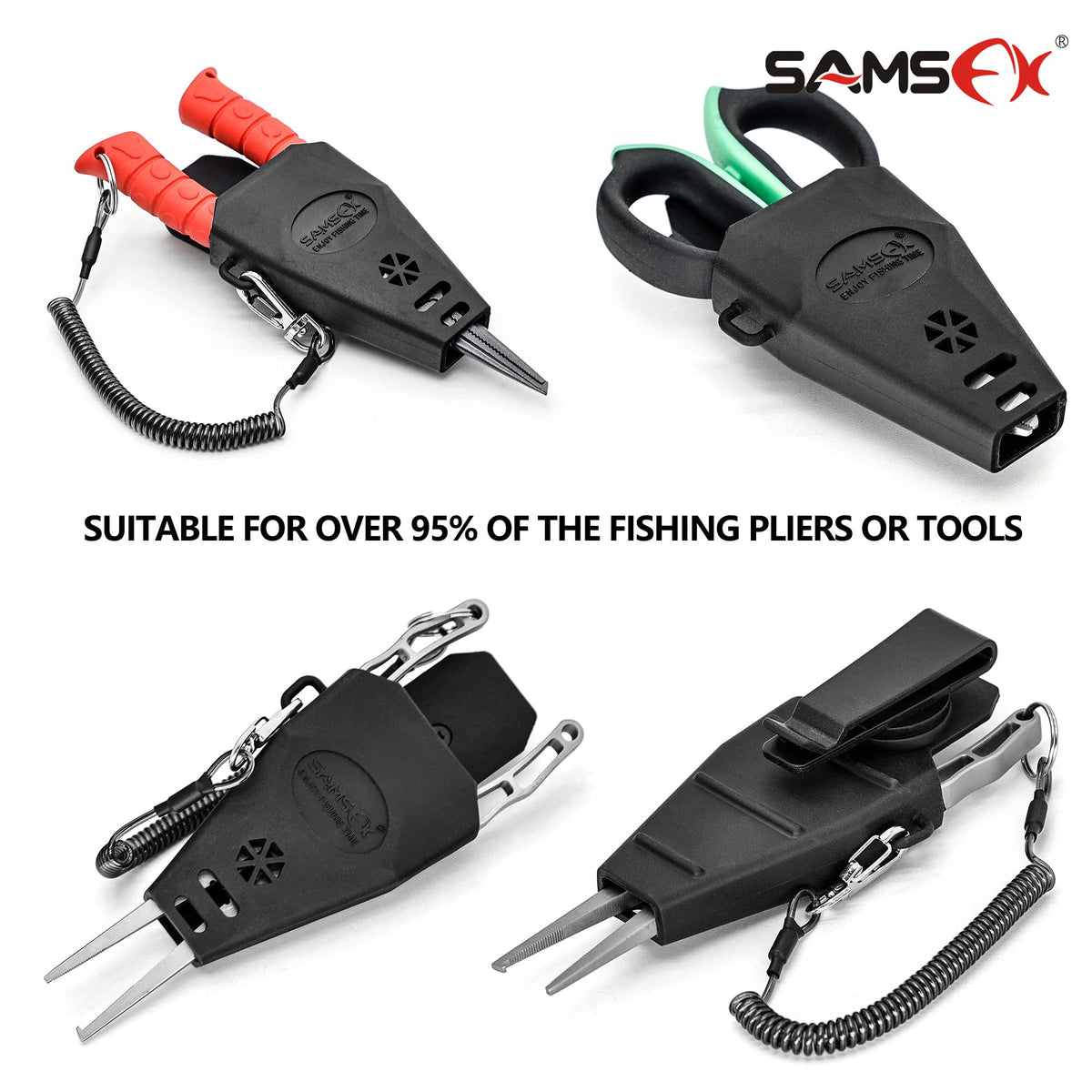 SAMSFX Aluminum Fishing Pliers Hook Remover Braid Line Cutter with Coiled Lanyard, Fly Fishing Knot Tying Tool & Retractors (Gray & Red Handle, Split Ring Nose)