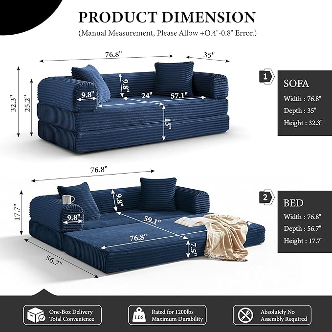 Boneless Couch Sofa Bed Sectional Couches for Living Room,Futon Cloud Couch with Sleeper Sofa,Sofas for Living Room Oversized Corduroy Upholstered (Blue)