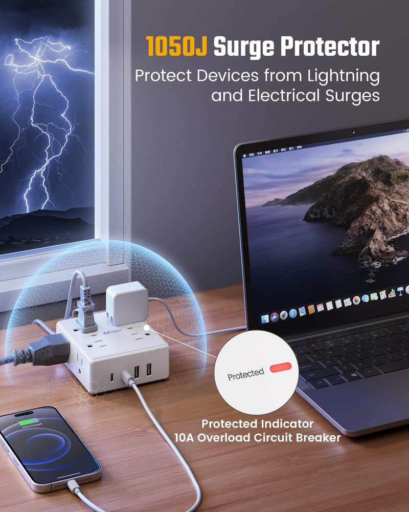 25Ft Long Extension Cord, Flat Plug Power Strip with 8 Outlets & 4 USB Ports (2 USB C), Wall Mountable Surge Protector, Desk Charging Station for Home Office, Dorm Room Essentials