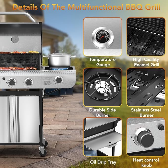 Electactic 3-Burner Propane Gas BBQ Grill with Side Burner,Stainless Steel Grill with Porcelain-Enameled Grates,37000 BTU Barbecue Grill, Suitable for Outdoor Cooking,Camping,Patio Backyard