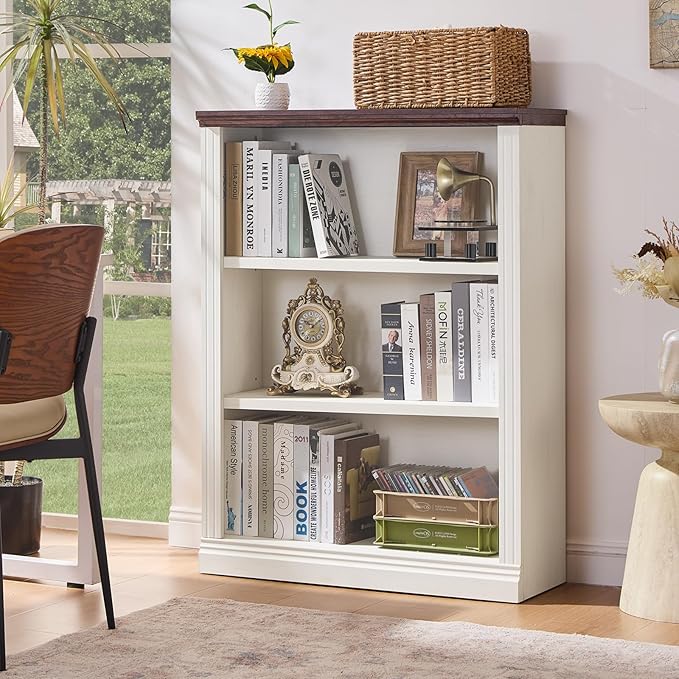 43" White Tall Bookshelf Set of 4,3-Tier Thick Wooden Book Shelf with Adjustable Shelves,Free Standing Farmhouse Bookcase with Open Display Storage,Floor Vintage Bookshelves for Living Room