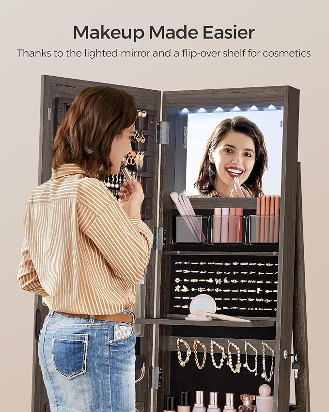 SONGMICS LED Jewelry Cabinet Standing, Lockable Armoire With Full-Length Mirror and Adjustable Lights, Space-Saving Organizer, Gift Idea, Ash Brown UJJC008K02