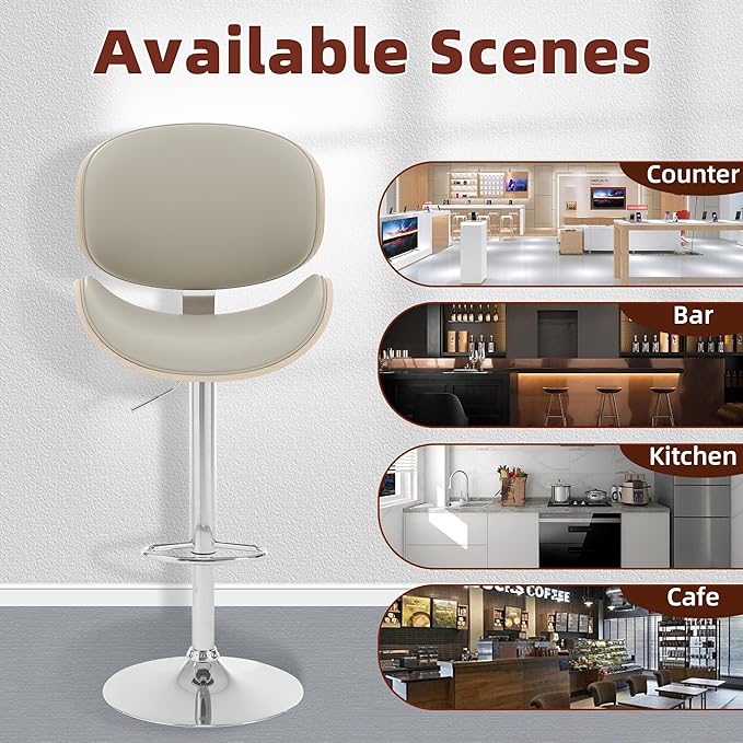 civama Bar Stools Set of 4 for Kitchen Counter, Adjustable Bar Height Chairs, Modern Swivel Barstools with Bentwood Seat and Back with Footrest for Kitchen Island, Dining Room, Grey PU Leather