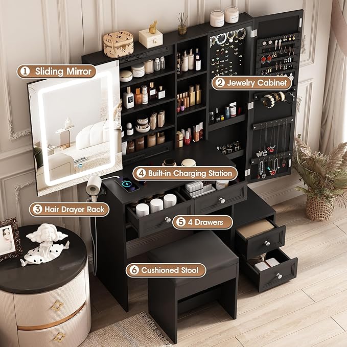 Makeup Vanity Desk with LED Lighted Sliding Mirror, Vanity Table with Jewelry Cabinet and 4 Drawers, Charging Station & Lots Storage Shelves, Adjustable Brightness, Dressing Table Cushioned Stool Set
