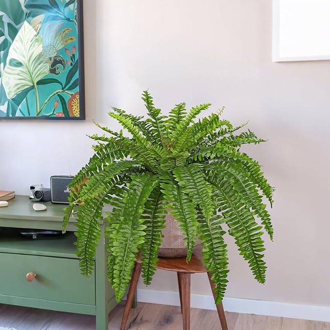 Hollyone Artificial Fern Plants in Pot 34.6" Large Artificial Boston Fern 39 Leaves for Outdoors & Indoor Faux Potted Plant Fake Ferns Bush Plant for Patio Garden Farmhouse Porch Home Decor Green