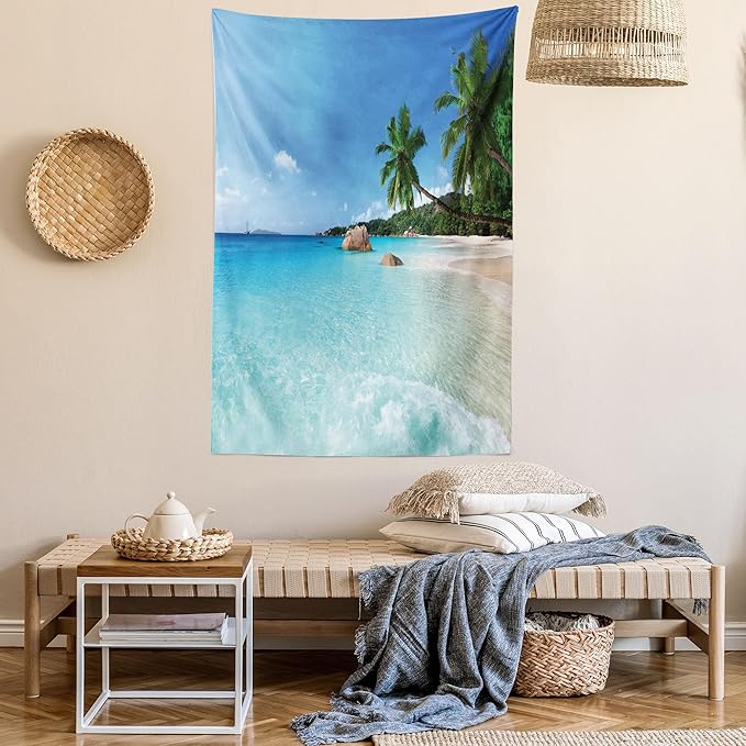 Ambesonne Ocean Tapestry Twin Size, Anse Lazio Beach at Praslin Island Surfing Beach Scenic View Travel, Wall Hanging Bedspread Bed Cover Wall Decor, 68" X 88", Blue and Turquoise