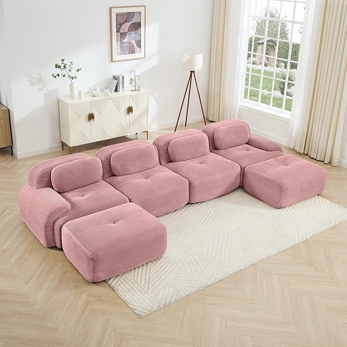 152" Modern Corduroy Cloud Sofa with Ottoman, U Shaped Boneless Modular Large Sectional Couches for Living Room, Pink 4 Seater Compressed Memory Foam Couch, Extra Deep Seat, No Assembly