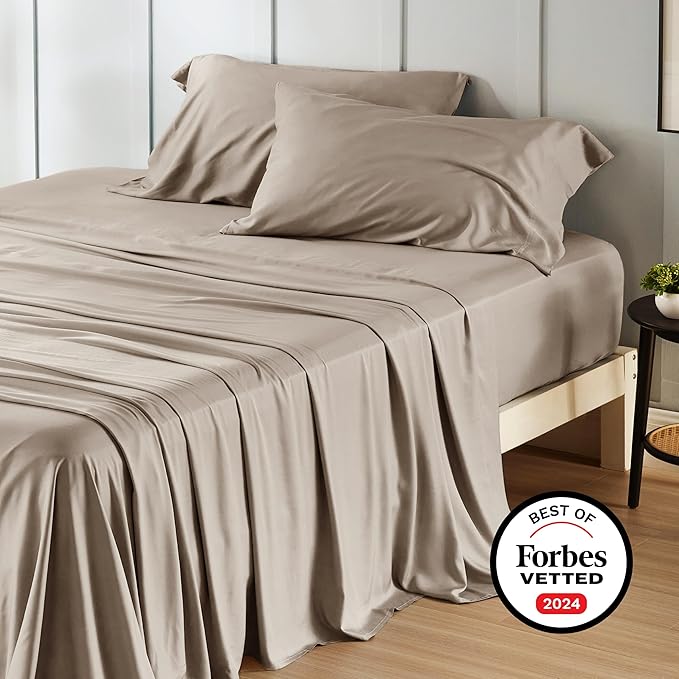 Bedsure California King Sheet Sets, Cooling Sheets, Rayon Derived from Bamboo, Deep Pocket Up to 16", Breathable & Soft Bed Sheets, Hotel Luxury Silky Bedding Sheets & Pillowcases, Simply Taupe