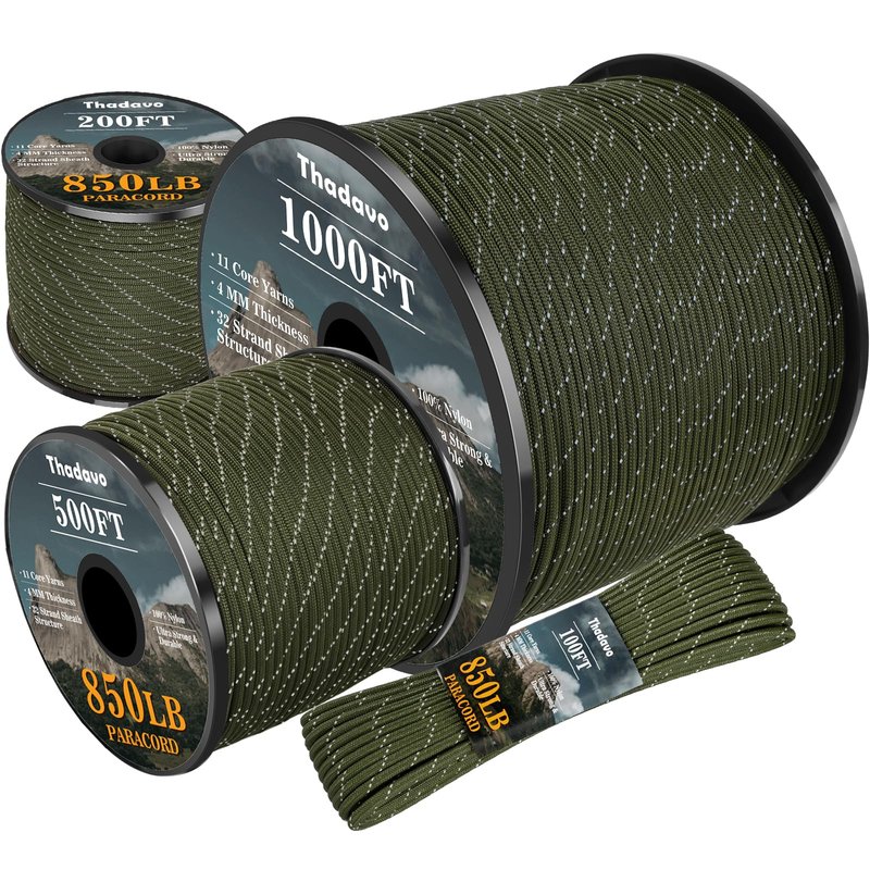 Thadavo Reflective Paracord Rope 850Ib, 50/100/200/500/1000ft 4MM 11 Strand Parachute Cords, Tactical Paracord String for Camping, Fishing, Clothesline, Hammock, Survival Bracelet, Army Green 200FT