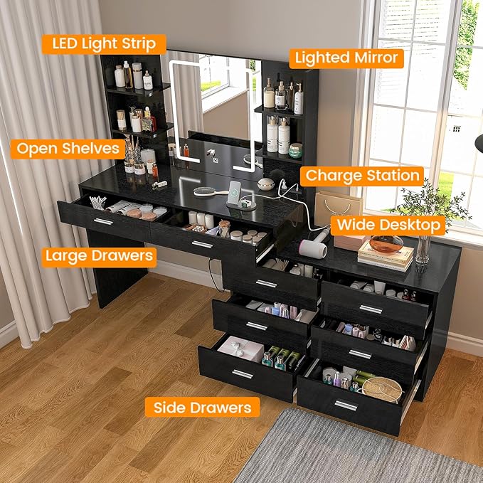 Vanity Makeup Desk with LED Light Mirror & Power Outlet, 8 Drawers, 6 Storage Shelves, 3 Color Modes & Adjustable Brightness Dressing Table, Corner Vanity, L Shape Change, 39.4”Desk, Black