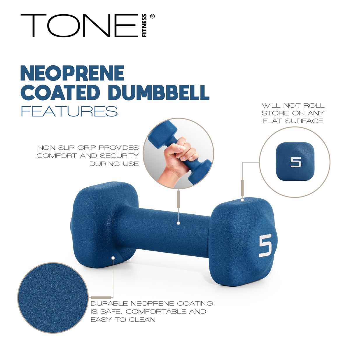Tone Fitness 5 lb Neoprene Dumbbell Pair for Home Workouts – Non-Slip Design - Beige